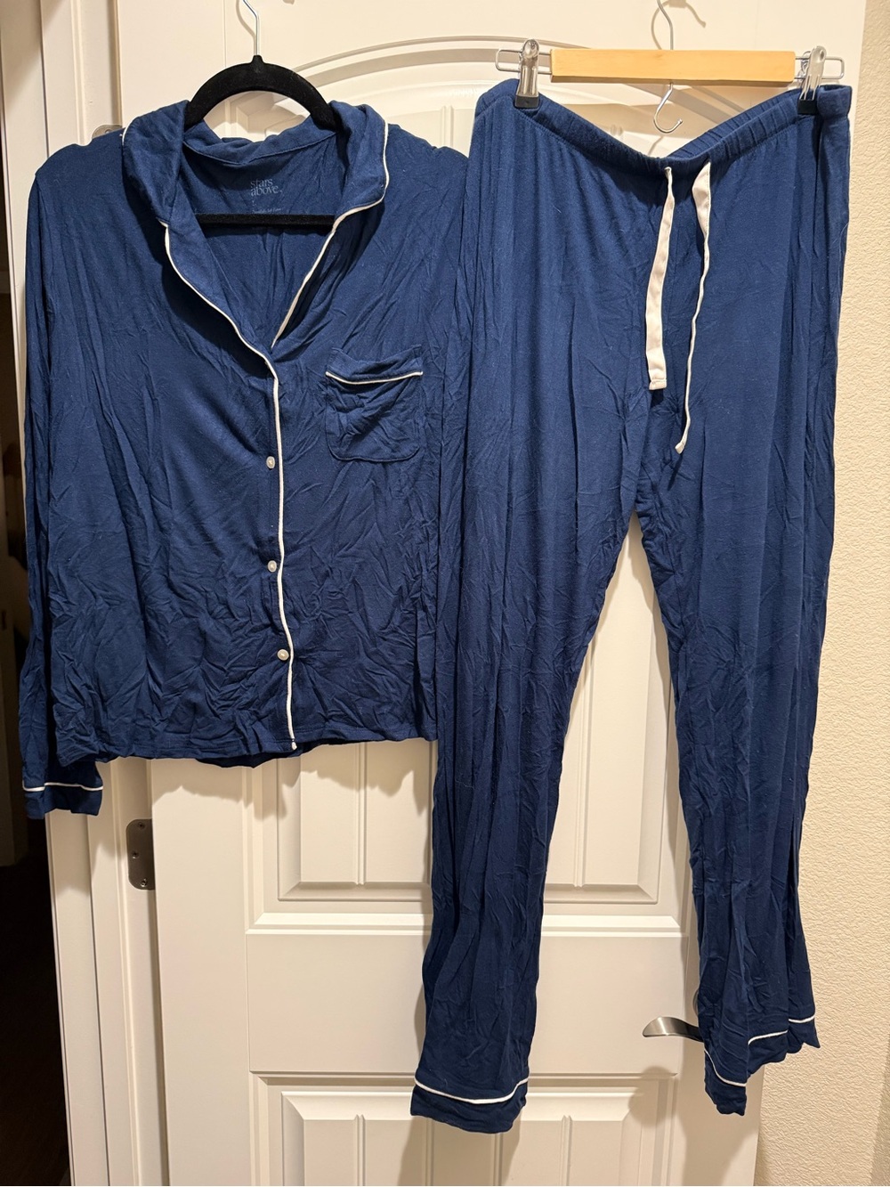 stars above Navy Blue Pajama Set with White Piping